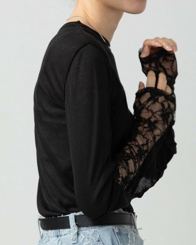 日本 gleam - 薄透合身蕾絲拼接長袖上衣-白