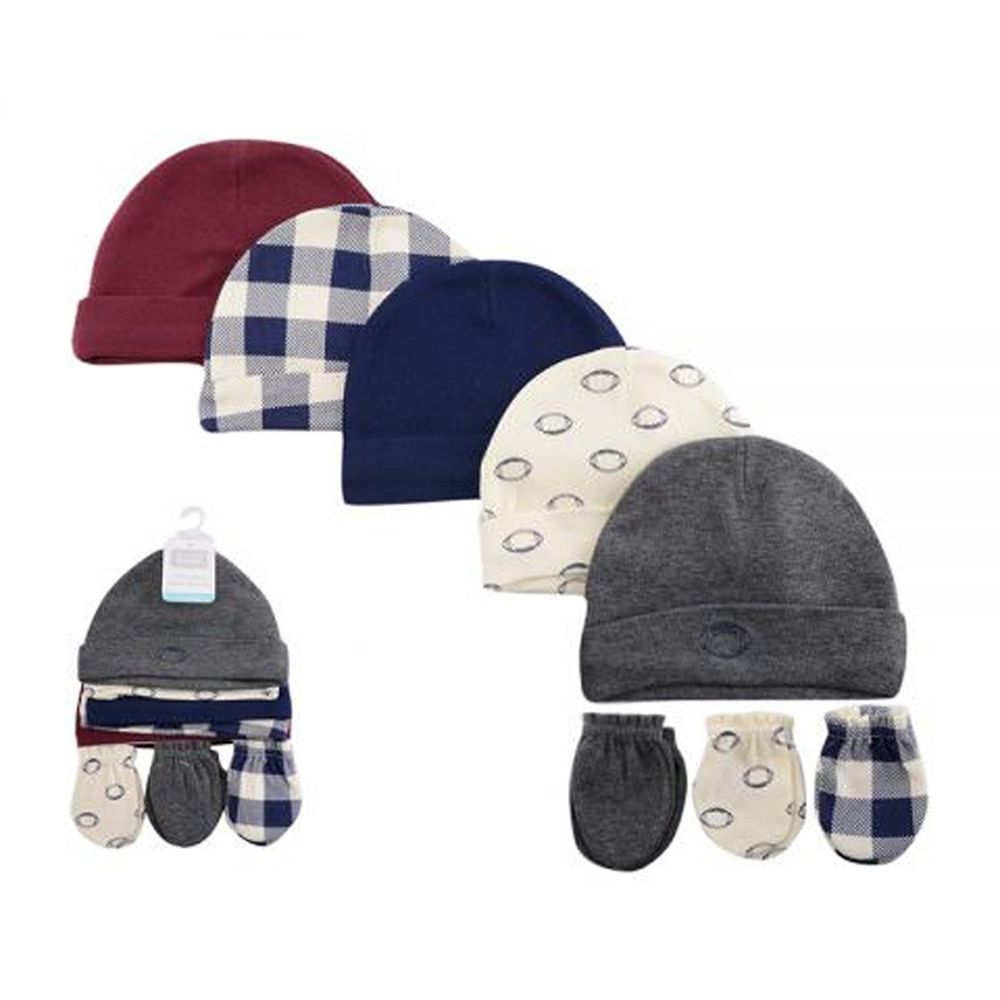 美國 Luvable Friends - 100%純棉新生兒棉帽 保暖帽5件組+防抓手套 護手套3入組-藍白方格 (0-6M)