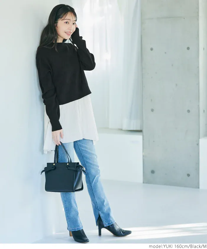 日本 COCA - 細摺拼接圓領針織長袖上衣-黑