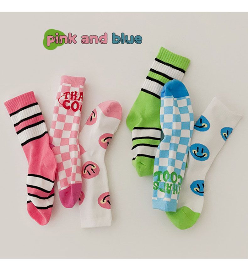 兒童中筒襪 (三入一組)-1087棋盤格笑臉襪-男生款