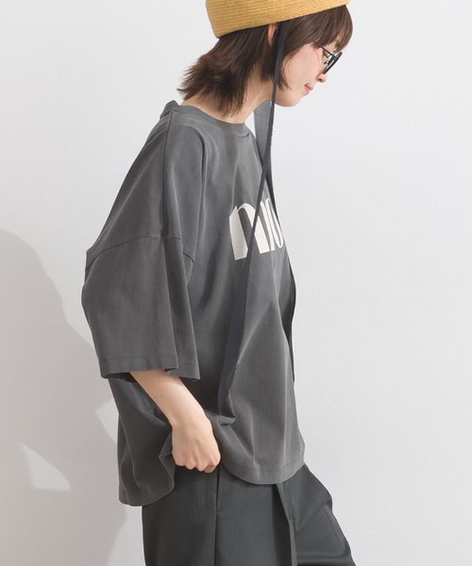 日本 Lupilien - 純棉復古刷色簡約落肩五分袖上衣-炭灰