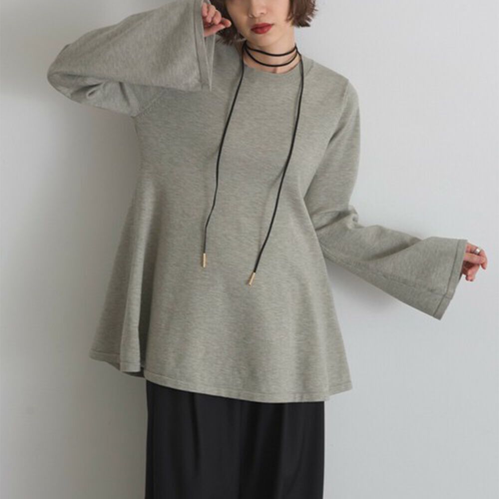 成熟傘擺腰線針織長袖上衣-灰