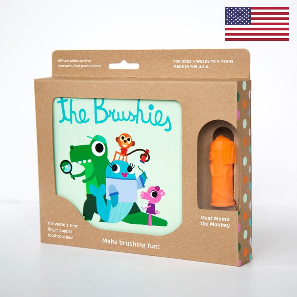 美國 The Brushies - 手指玩偶造型牙刷套組-猴子桃桃-1本英文童書+1支角色手指牙刷