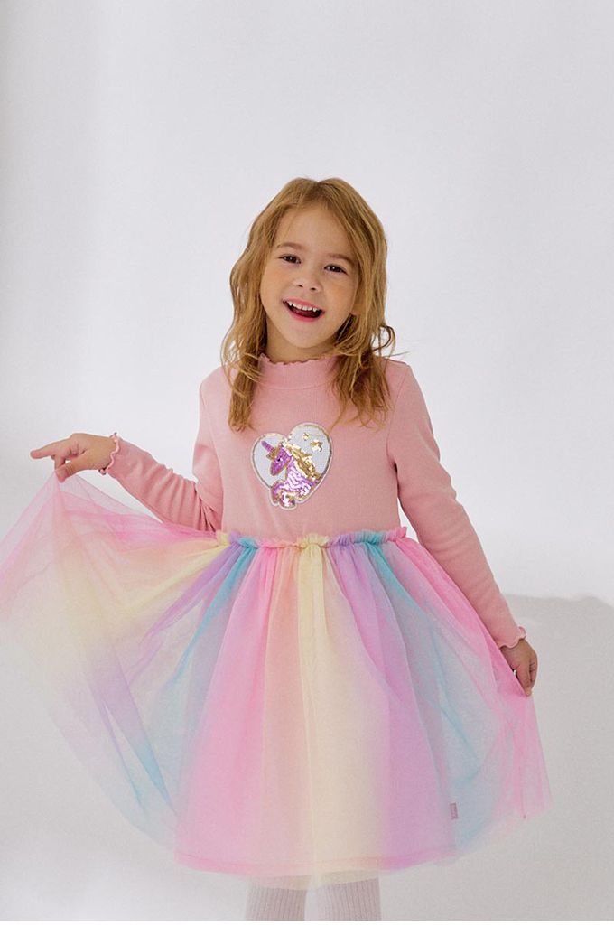 韓國 OZKIZ - 亮片獨角獸拼接繽紛網紗洋裝-粉