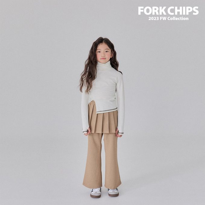 韓國 FORK CHIPS - 鬆緊腰裝飾百褶裙微喇叭長褲-卡其