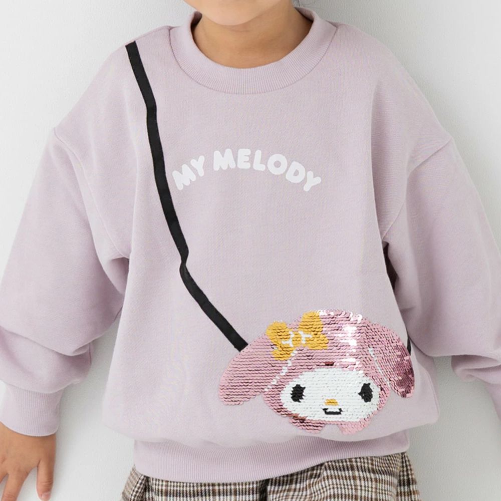 限量聯名 裏毛印花大學長袖上衣-卡通三麗鷗-亮片美樂蒂-粉紫