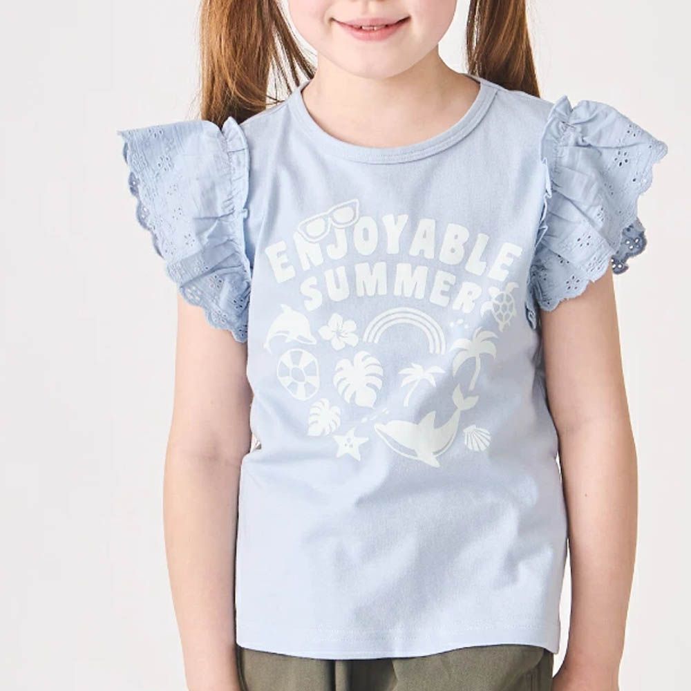 100%棉 蕾絲荷葉邊印花短袖上衣-水藍