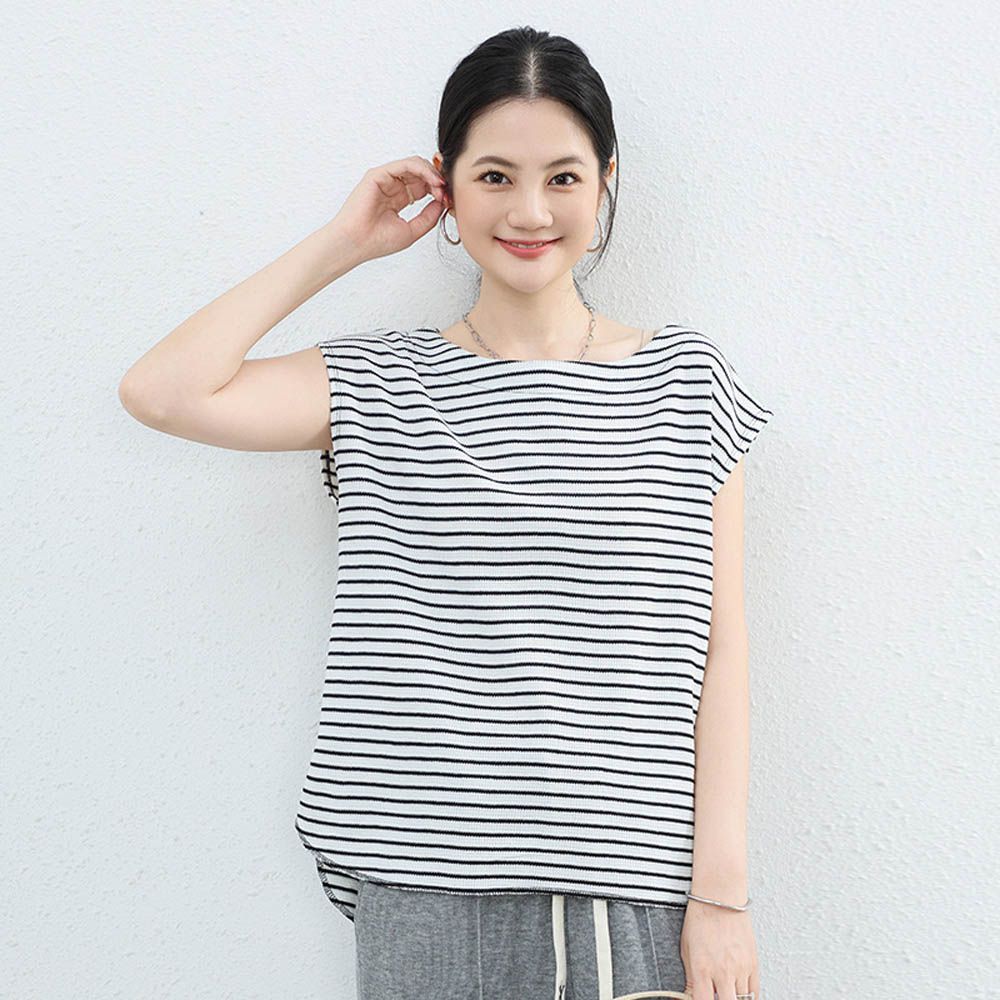 休閒百搭顯瘦法式袖上衣-黑白細條紋