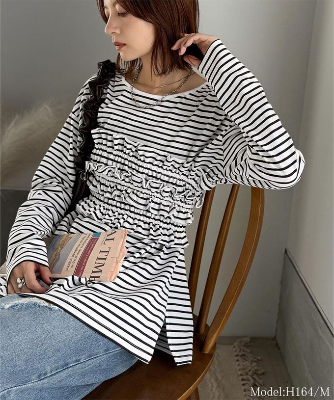 日本 Classical Elf - 時尚造型圓領長袖上衣(附荷葉腰帶)-黑底條紋