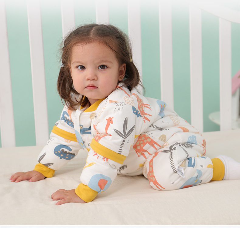 純棉加厚防踢分腿睡袋(薄夾棉)-動物世界-白+黃