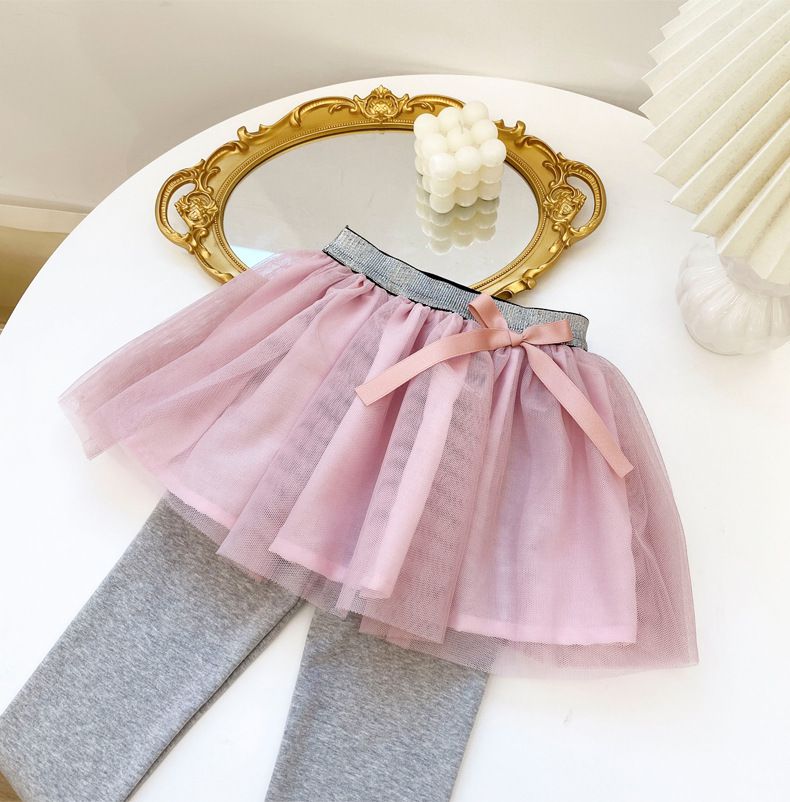 FANMOU - 內搭褲裙-撞色紗裙-灰色x粉色