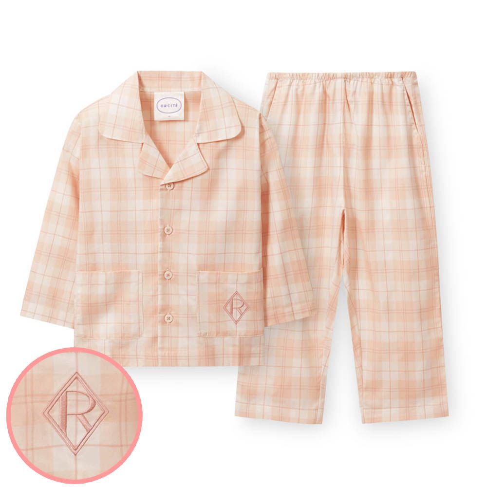 (男寶)天絲柔織棉不易皺翻領長袖睡衣套裝-格紋-杏膚