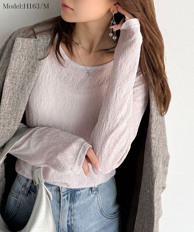 日本 Classical Elf - 網狀蕾絲透膚圓領長袖上衣-白