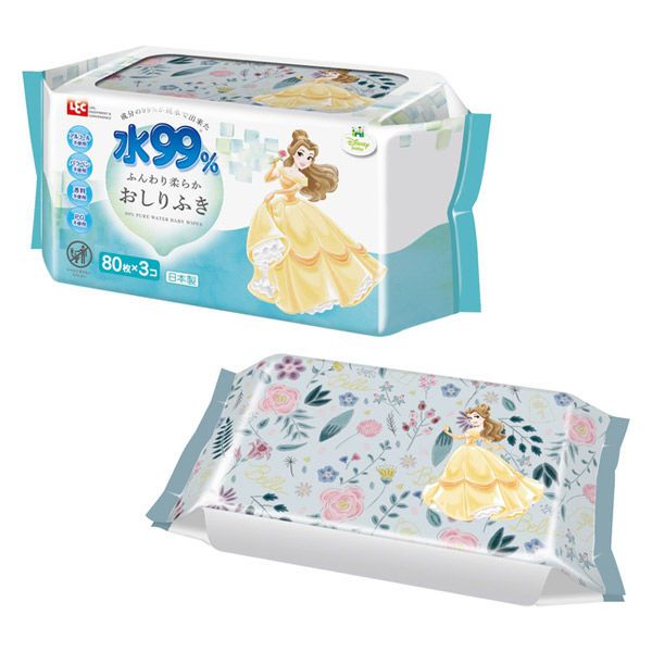 日本 LEC - 純水99%一般型擦屁屁濕紙巾-新款迪士尼-貝兒公主-12包入箱購組-80抽x12包入