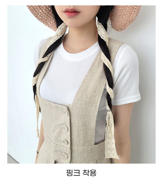 韓國 Soo&Soo - 蕾絲緞帶裝飾編織遮陽帽-奶茶咖