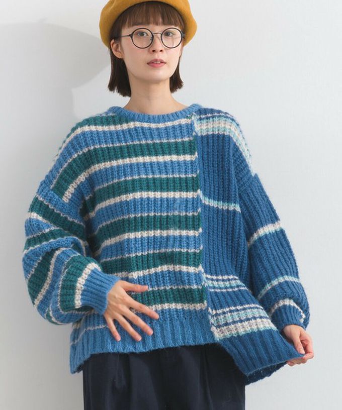 日本 Lupilien - 交錯明亮撞色條紋粗編毛衣-棕色系