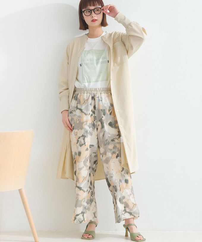 日本 le colis - [人氣款]柔和季節感印花輕盈寬褲-暈染-粉紅x綠