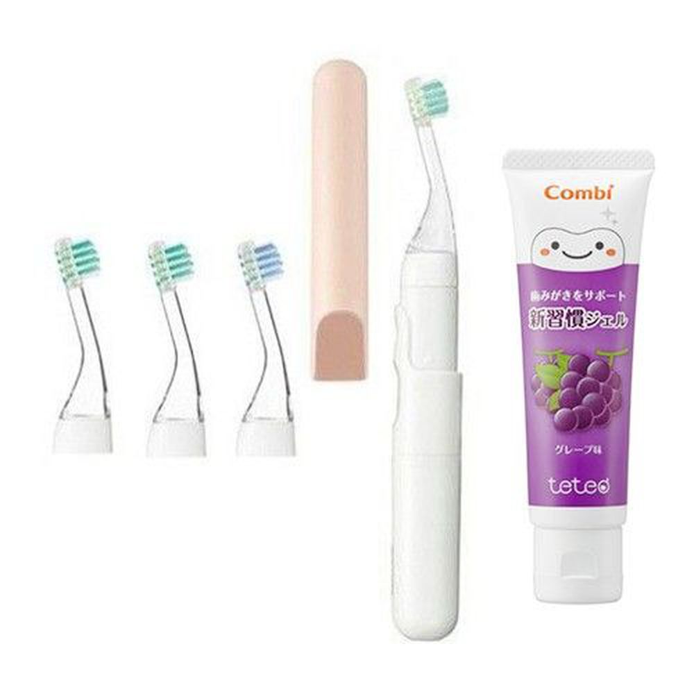 日本 Combi - teteo 幼童電動牙刷+替換刷頭x2入+含氟牙膏(葡萄)(含氟量500ppm)-香檳粉 (約6M)