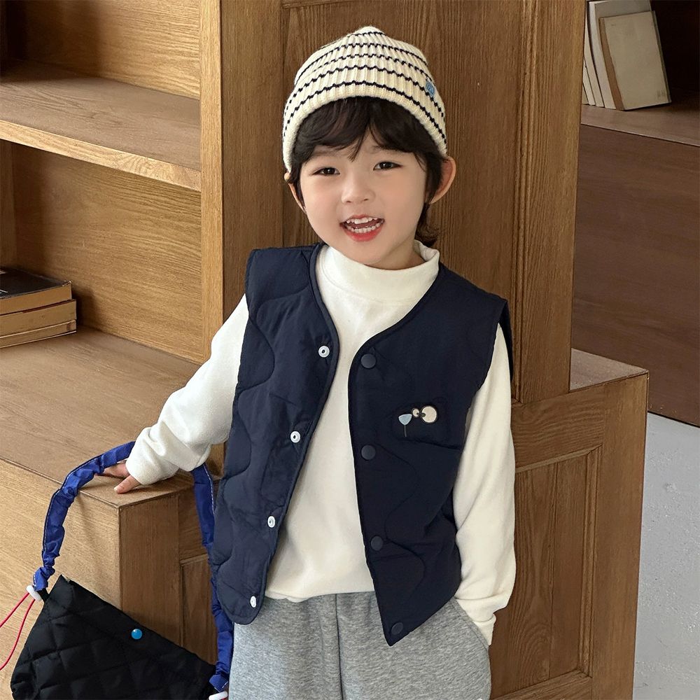 波浪紋絎縫鋪棉背心-萌趣刺繡動物-藏青