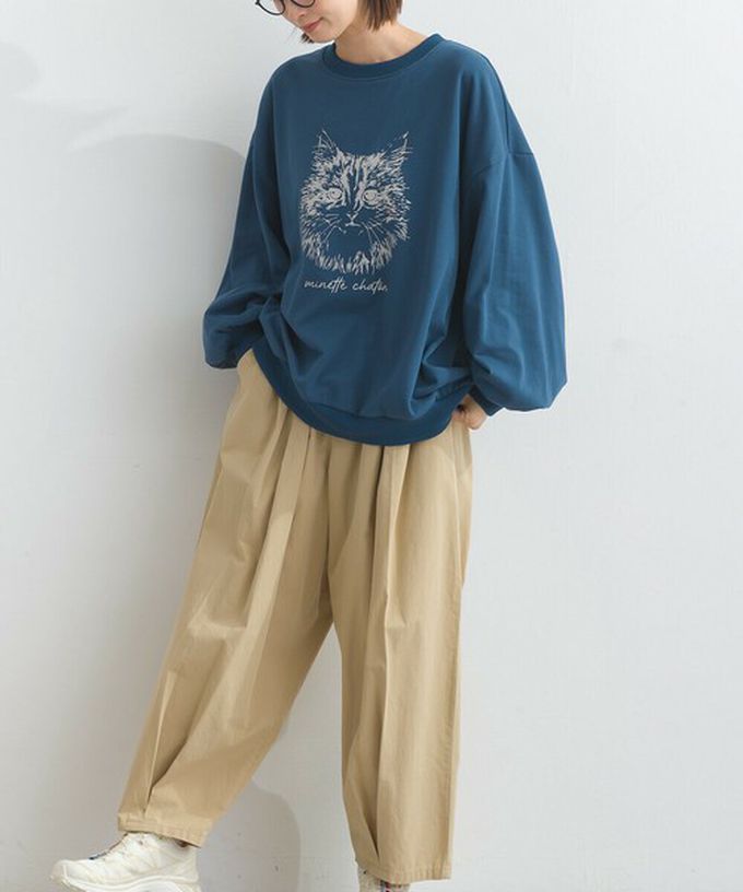 日本 Lupilien - 線條貓咪印花裏毛長袖上衣-酒紅