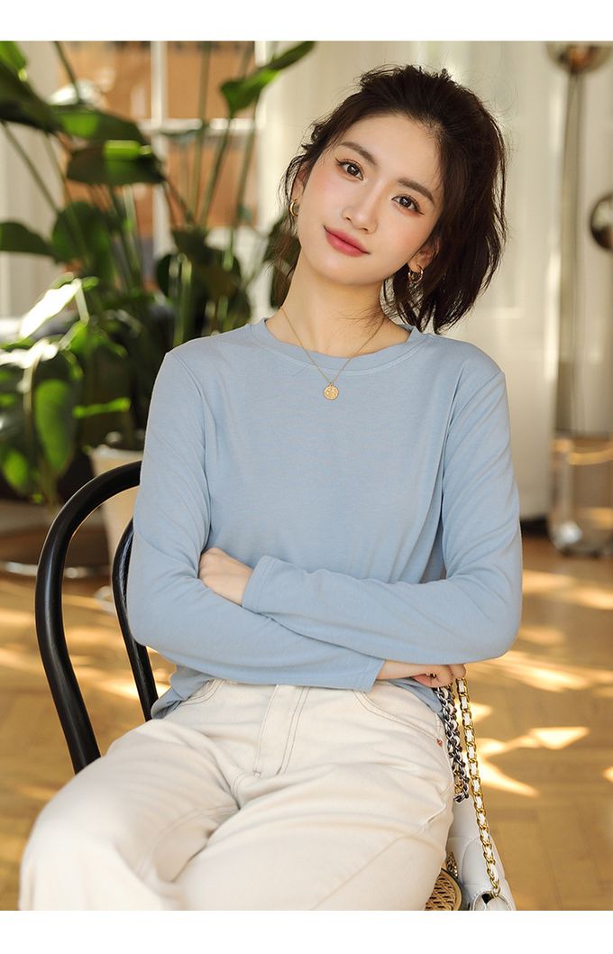 圓領寬鬆素色長袖上衣-紫色 (F)