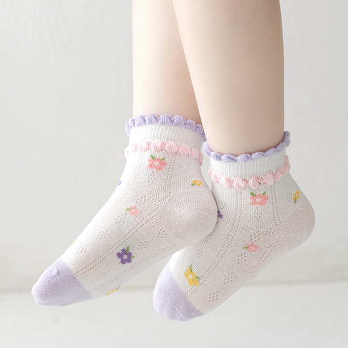 love, charlotte - 泡泡花邊花園小兔紫色網眼短筒棉襪-5 雙一組