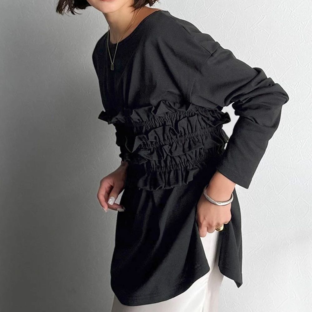 時尚造型圓領長袖上衣(附荷葉腰帶)-黑