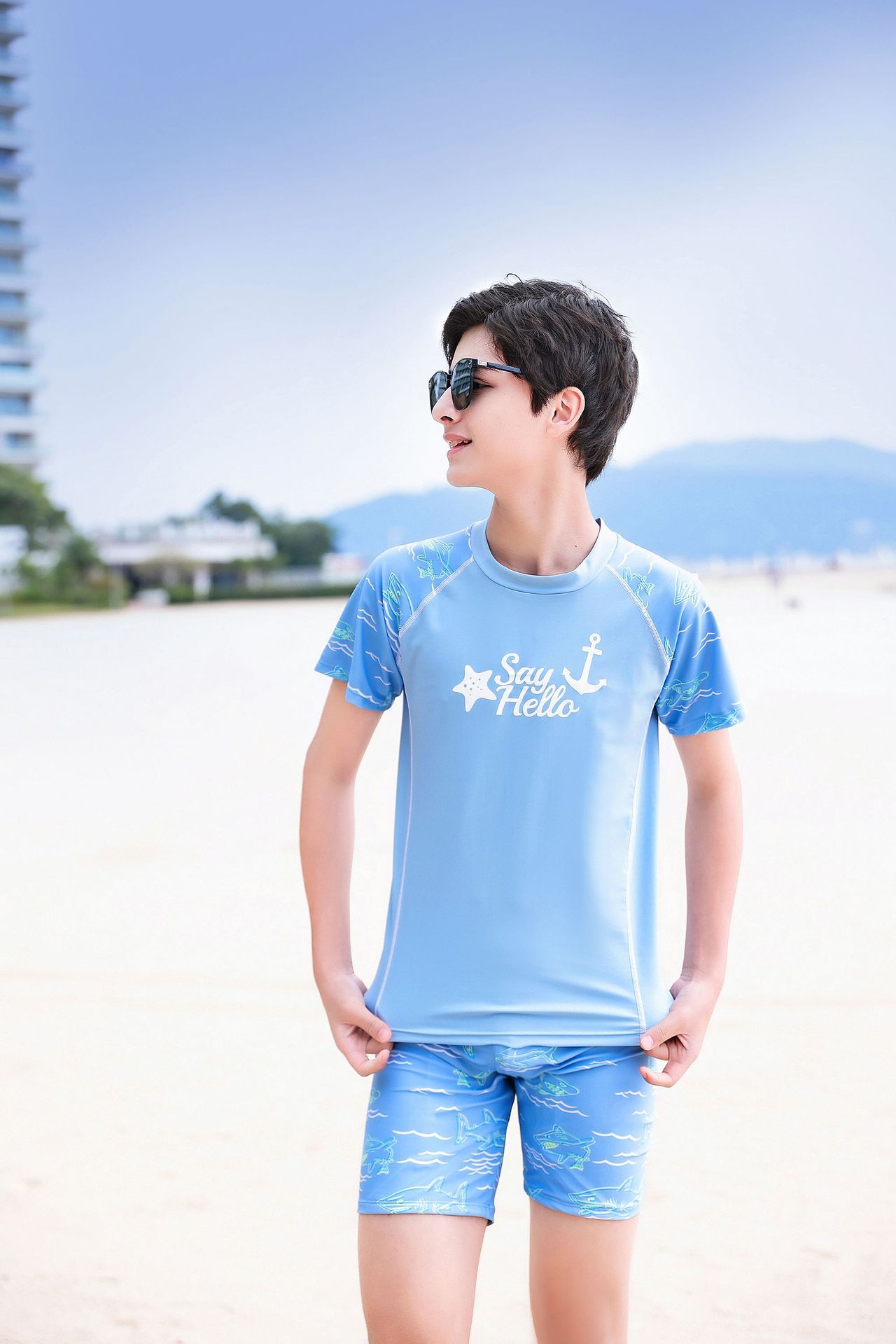 大童男孩短袖泳衣套裝(二件組)-星星船錨-淺藍色-泳衣、泳褲