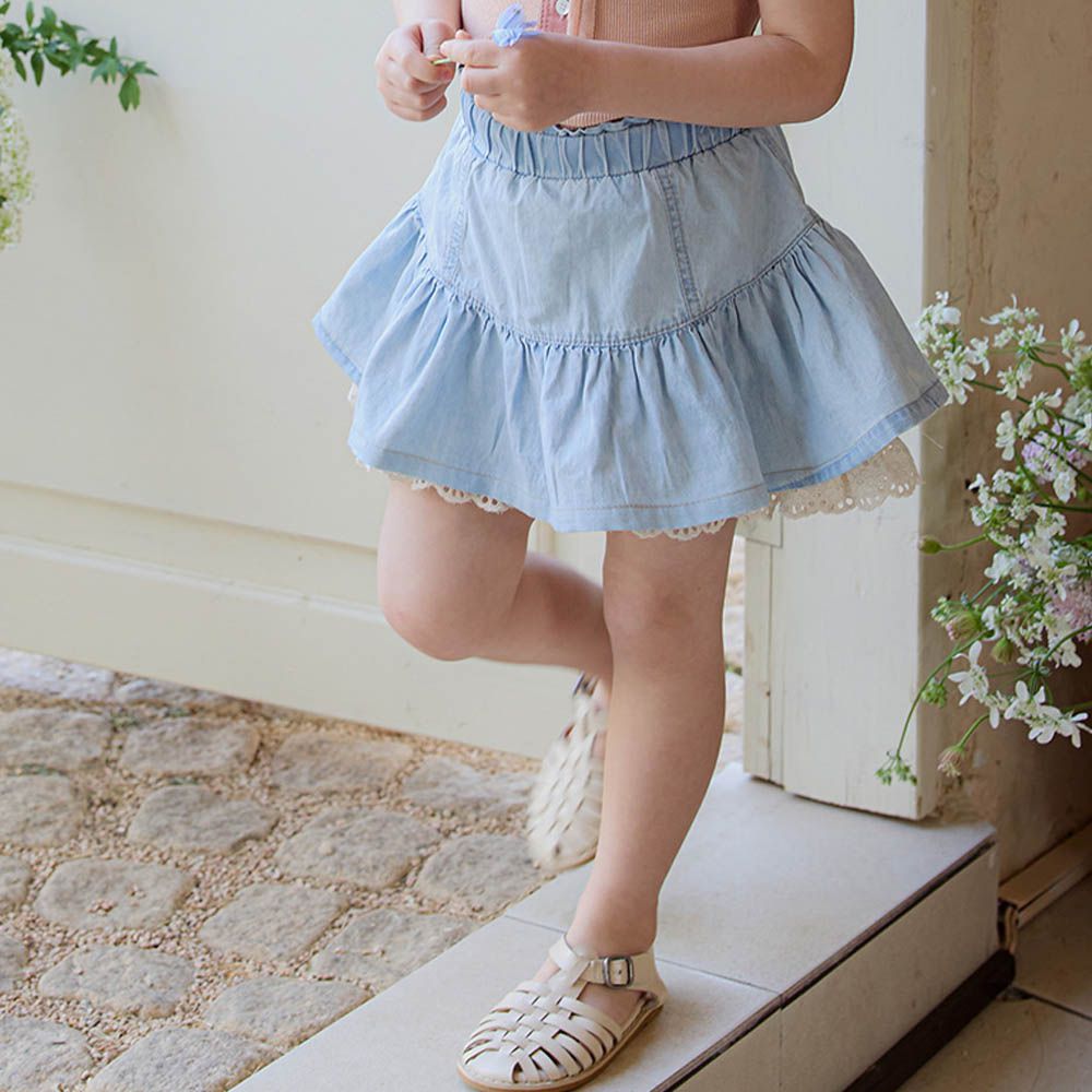 鬆緊腰層次蕾絲丹寧褲裙-淺藍