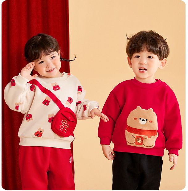 加絨喜氣洋洋長袖上衣-福氣熊熊-紅色