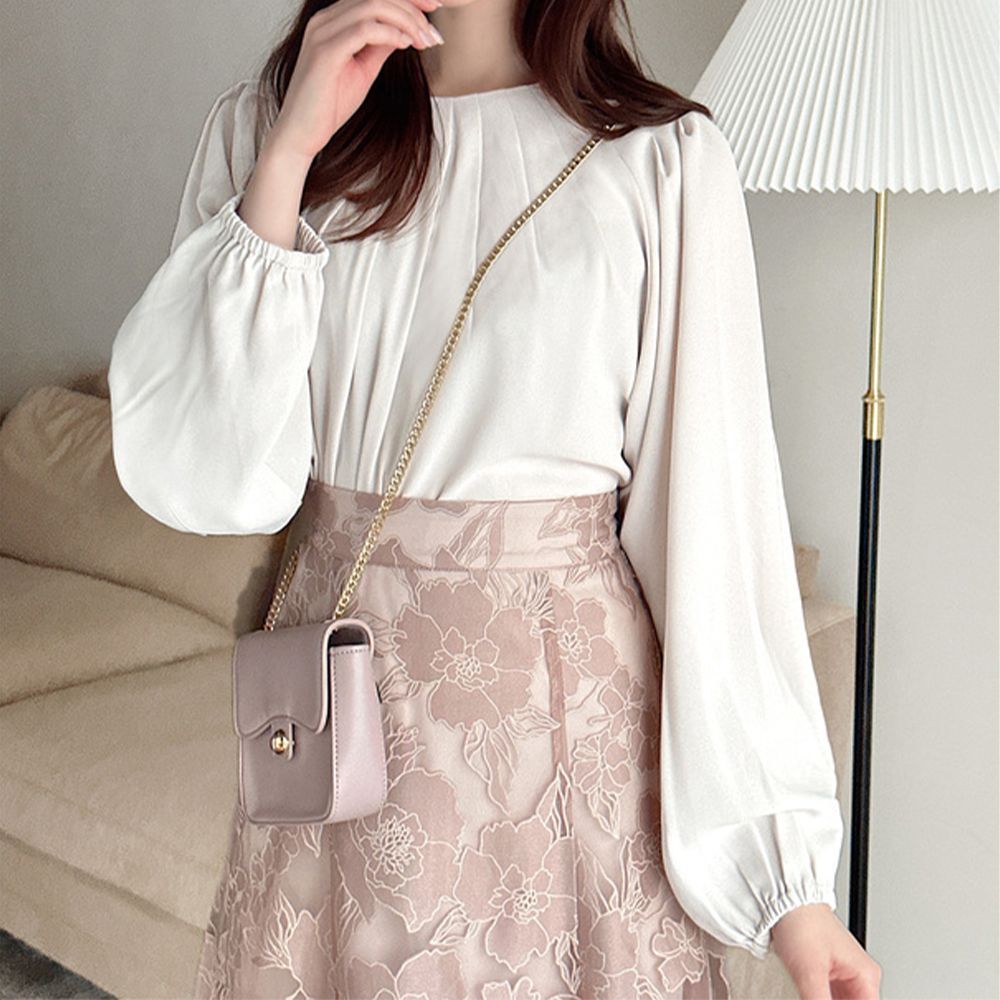 知性打褶輕盈澎澎長袖上衣-白 (F)