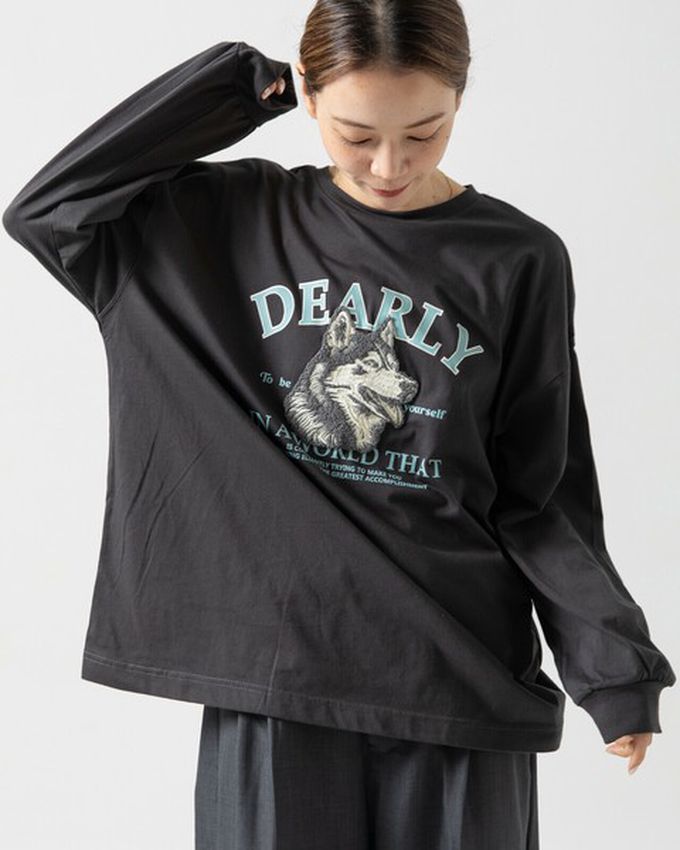 日本 gleam - 相良刺繡哈士奇印花帥氣長袖T恤-炭黑