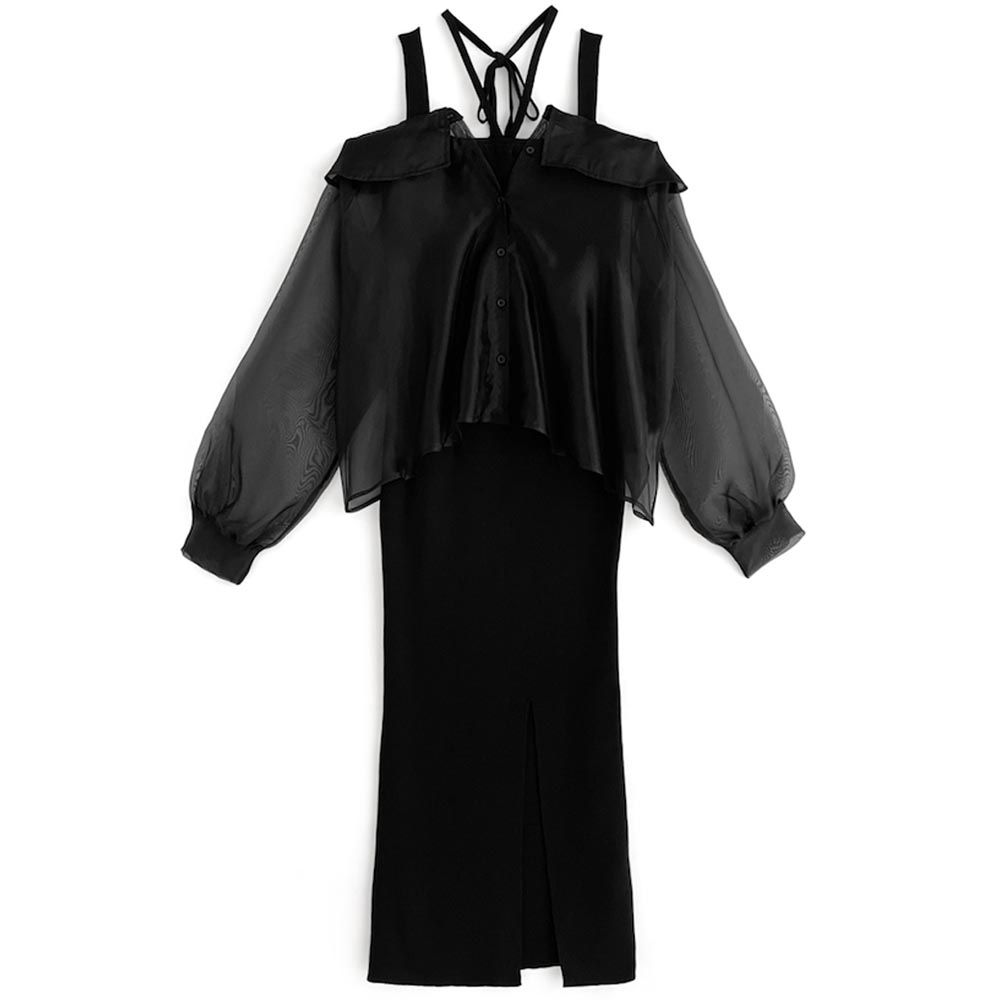 日本 GRL - 浪漫透膚吊帶針織兩件式洋裝-簡約黑