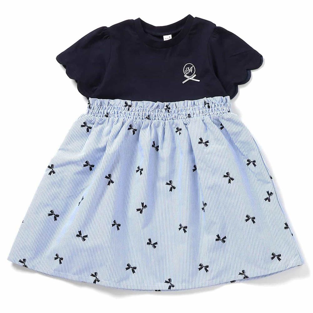 可愛貝殼袖印花短袖洋裝-蝴蝶結-藍