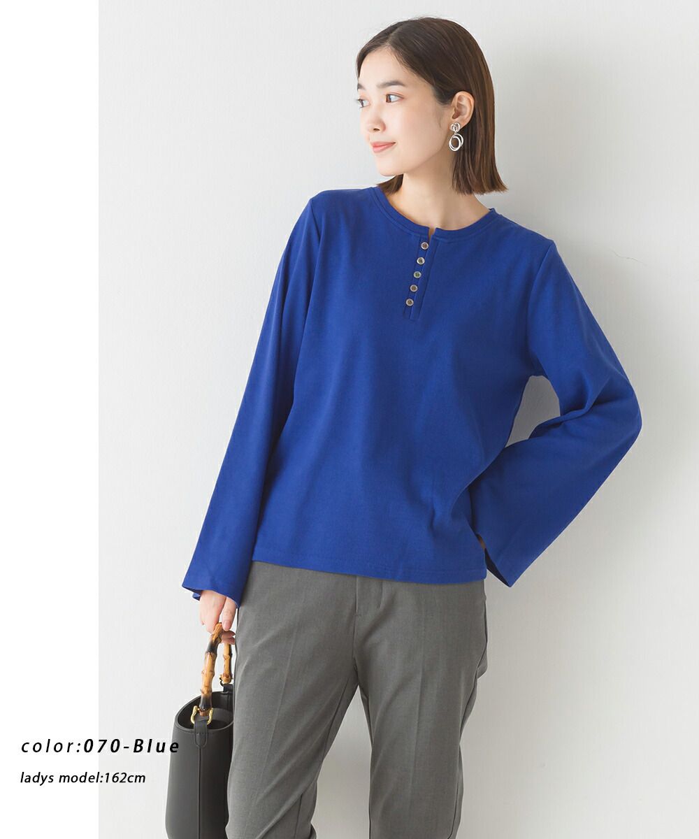 日本 OMNES - 寬袖設計簡約圓領上衣-橄欖綠