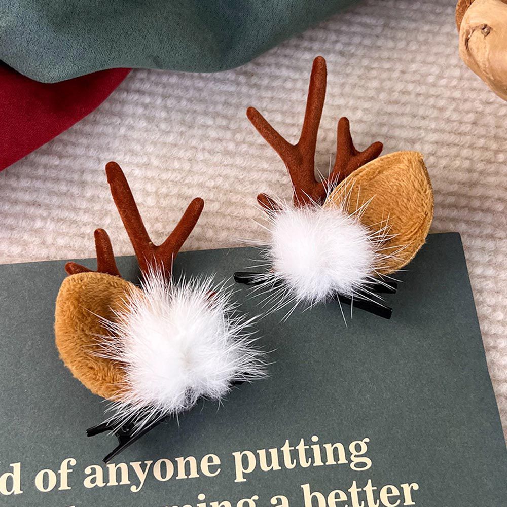 聖誕節鹿角造型兒童髮夾-鹿角+毛茸茸耳朵-棕色