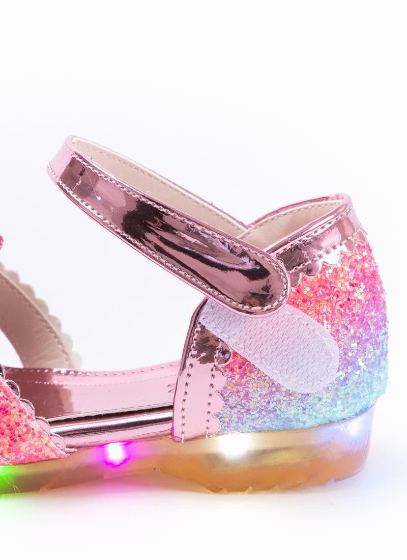 韓國 OZKIZ - (LED燈)粉紅愛心寶石魔鬼氈涼鞋