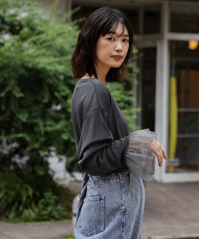 日本 Bab - 雙層薄紗拼接俏麗長袖上衣-炭灰