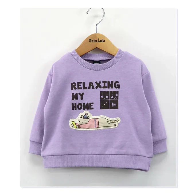 日本 ZOOLAND - 裏起毛 立體貼布印花長袖上衣-放鬆貓貓-紫