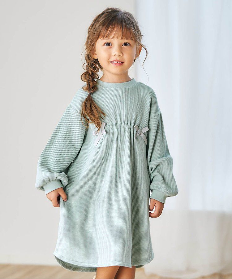 日本 apres les cours - 甜美華夫格長袖洋裝-緞帶裝飾-薄荷綠