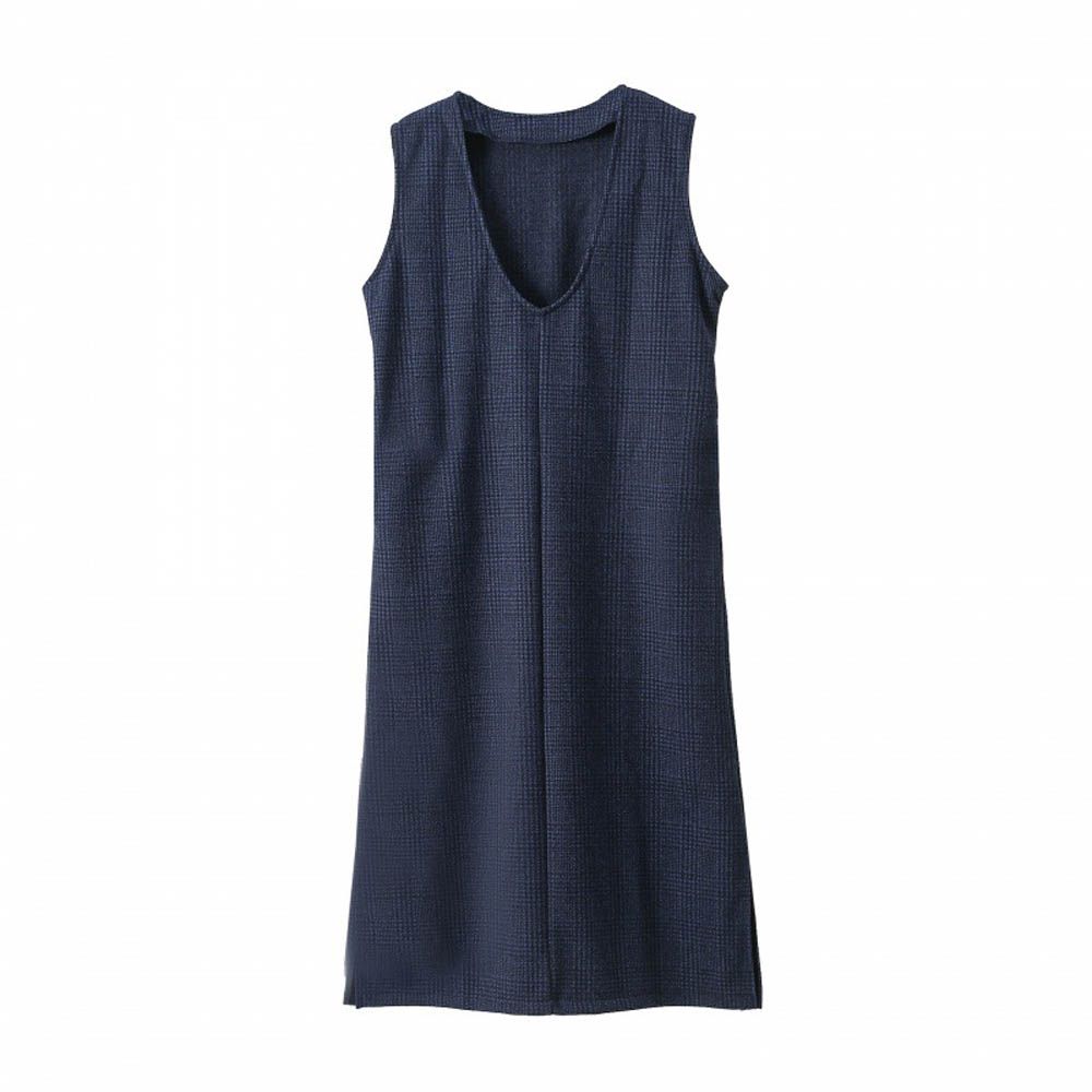 毛呢感V領背心裙-U領-藏青格