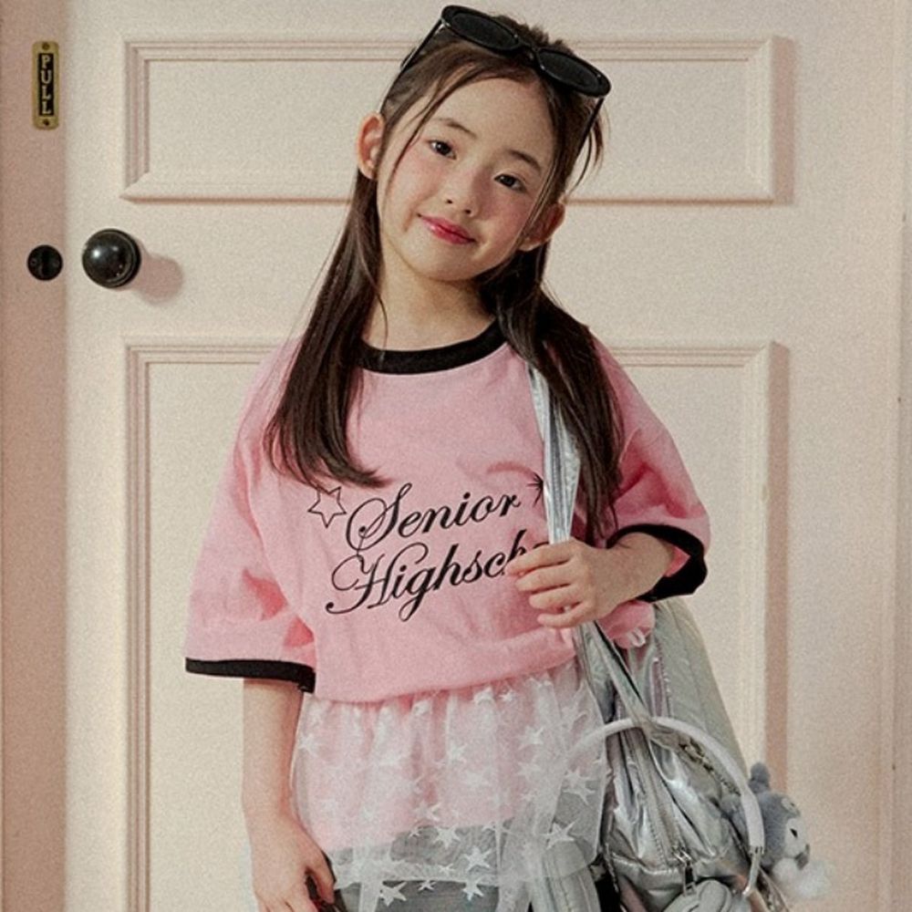 W.S.B. 純棉短袖上衣-潮流星星文字-桃粉