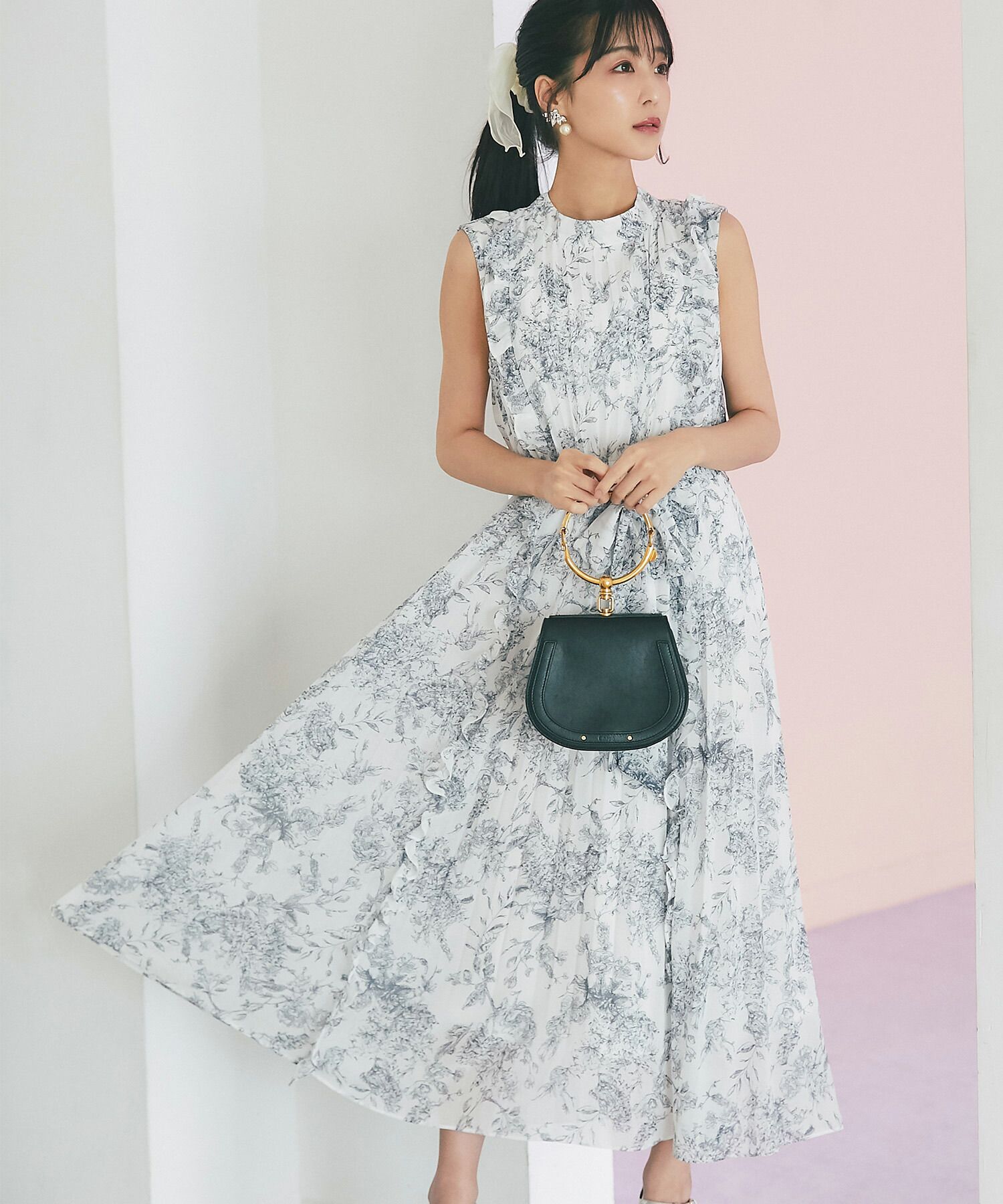 日本 tocco-closet - 波浪百褶綁帶雪紡洋裝-氣質杏