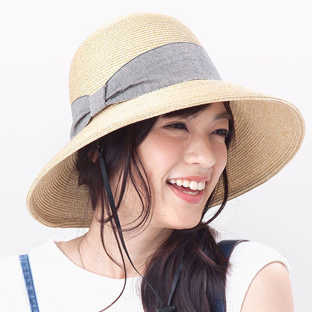 日本 irodori - 抗UV可捲收 大緞帶遮陽草帽(附防風帽帶)-杏x丹寧緞帶