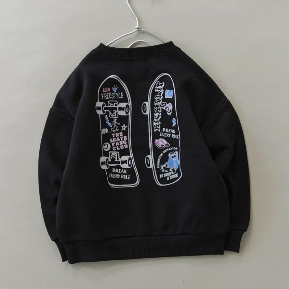 街頭塗鴉風裏起毛長袖上衣-滑板-黑