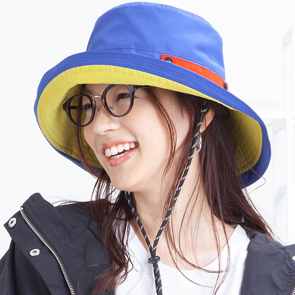 日本 irodori - 抗UV可捲收防潑水遮陽帽(附防風帽帶)-大人款-藍x黃內裏