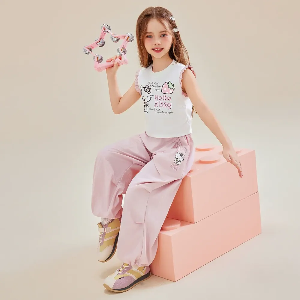 撞色荷葉邊無袖上衣+長褲套裝-卡通人物Hello Kitty-粉色