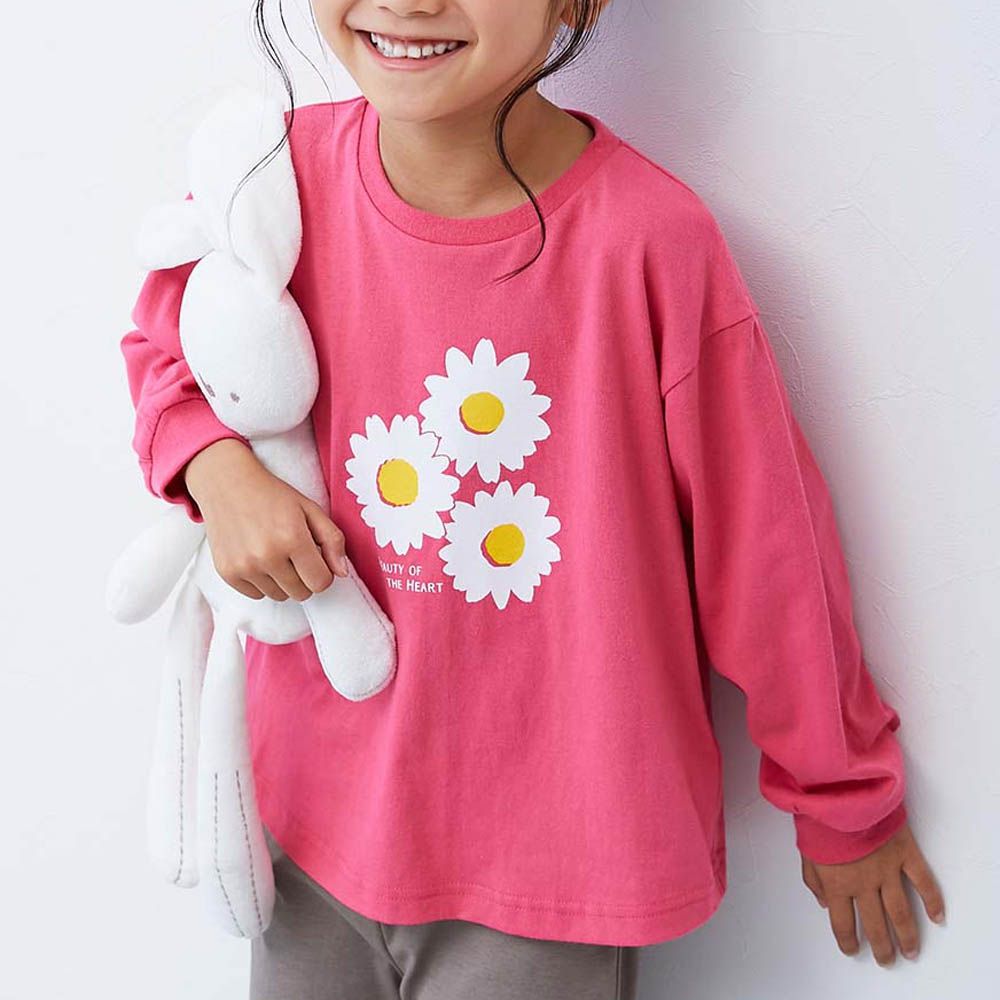 100%棉 定番女孩印花長袖上衣-小花-桃粉