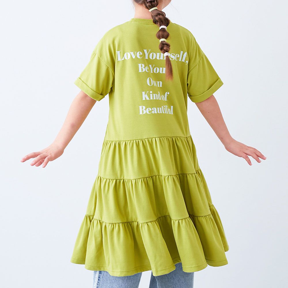 天竺棉舒適分層短袖洋裝-背後標語-開心果綠
