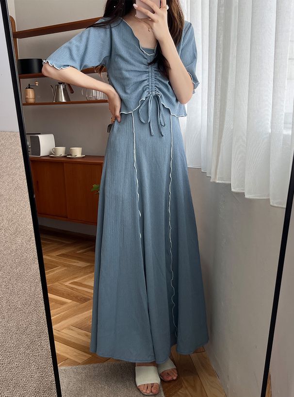 日本 GRL - 可愛木耳捲邊兩件式洋裝-黑 (F)